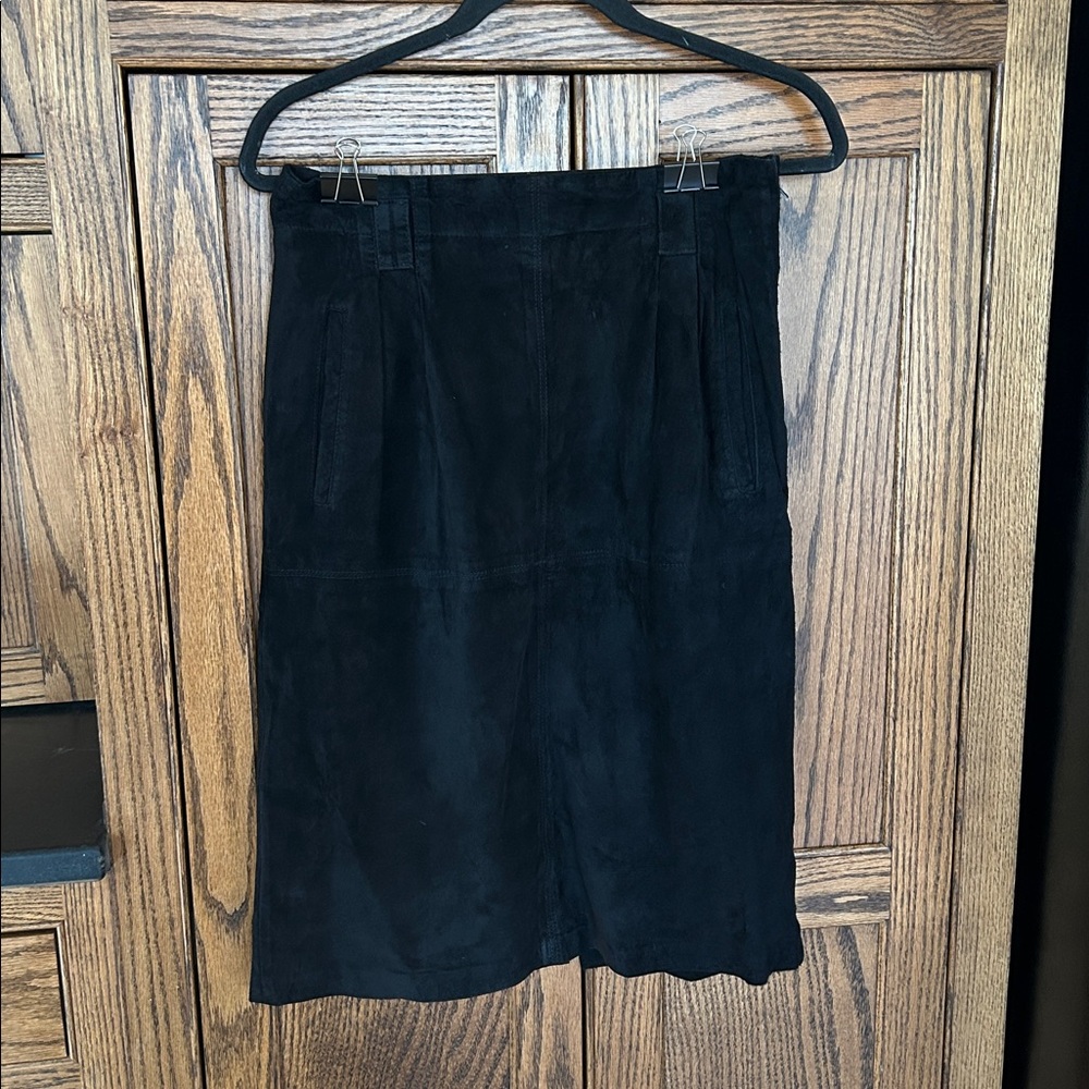 Vintage Evan Davies Black Suede Leather Midi‎ Skirt 6